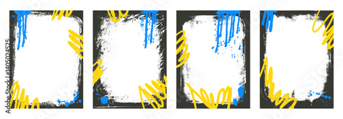 Grunge frame template. Graffiti spray art layout background frames set. Border with airbrush paint lines. Ink punk decor for photo. Retro texture banners set overlay. Vector hip hop wall illustration.