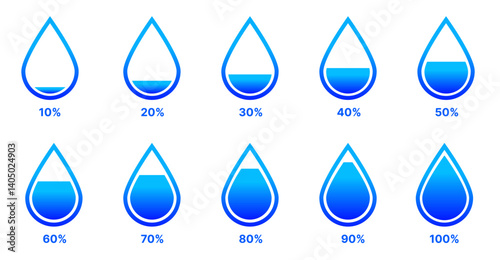 blue water droplets representing. Vector set of blue water droplets representing percentage levels from 10% to 100%, ideal for hydration tracking, fluid progress, and UI design for health or weather-r