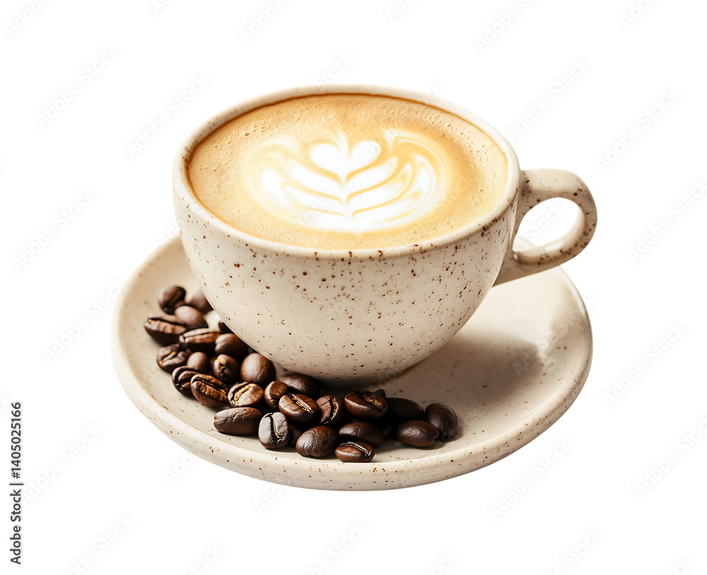 Fototapeta premium A cup of latte art coffee with coffee beans isolated on a transparent background