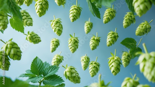 Green hops plant in free fall on a plain background