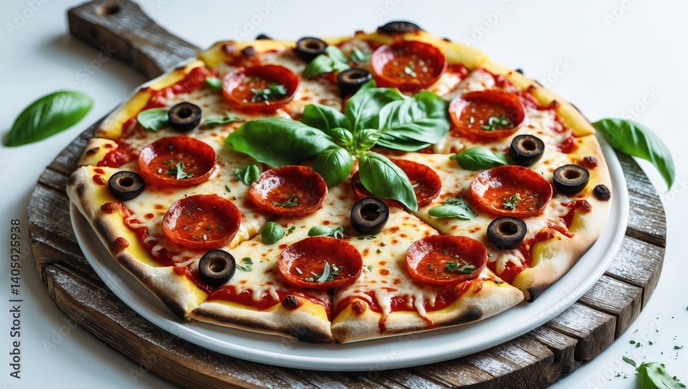 Tasty pizza presented on a plate against a white background Tasty pizza presented on a plate against a white background