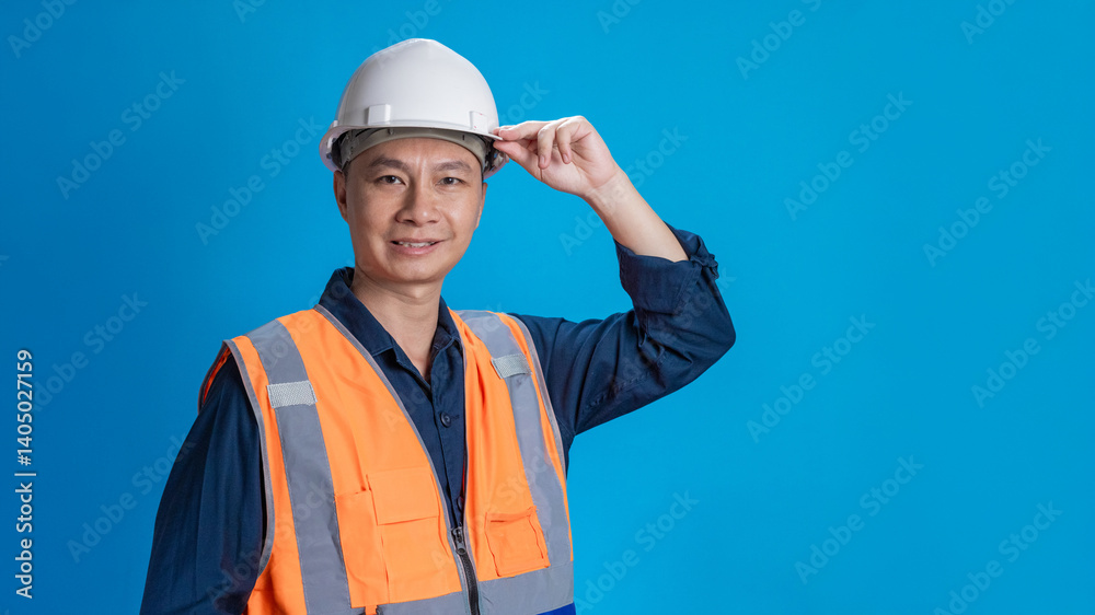 Confident young engineer in orange poses in various moods Confident young engineer in orange poses in various moods