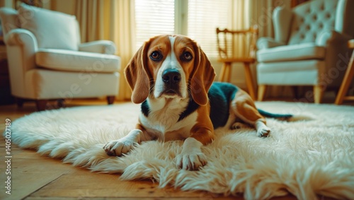 Living room scene with a Beagle dog looking at the camera