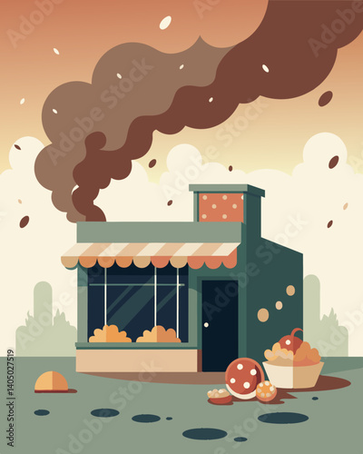 The scent of decaying food fills the air around the abandoned store a sad contrast to the enticing aroma of freshly baked goods that once wafted through the building.. Vector illustration