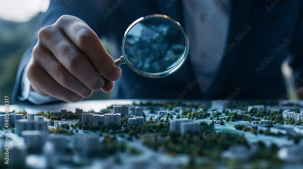 Close-up of urban planner with magnifying glass inspecting a detailed map. Looking for prime land for residential construction, using a map dotted with zoning information and poten