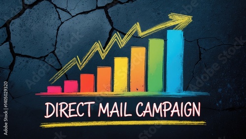 Chalk art of DIRECT MAIL CAMPAIGN on asphalt with a colorful graph and rising arrow, highlighting the themes of marketing and creativity