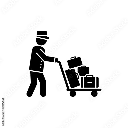 Black filled hotel bellhop icon pushing luggage trolley