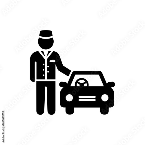 Black filled icon representing a hotel parking valet with a car