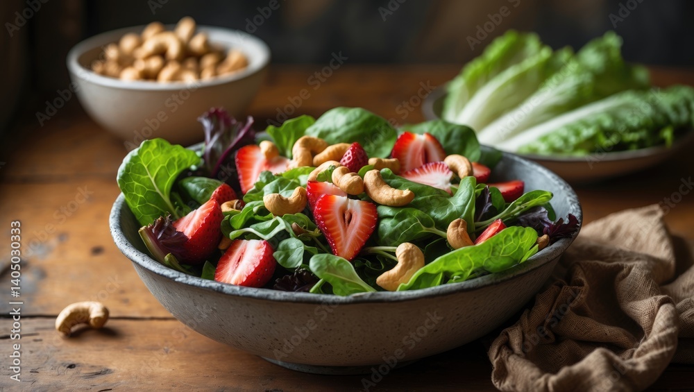 Lettuce salad featuring apples, strawberries, and cashew nuts Lettuce salad featuring apples, strawberries, and cashew nuts