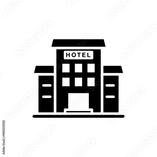 Simple Black Icon of a Hotel Building with Sign and Entrance Steps