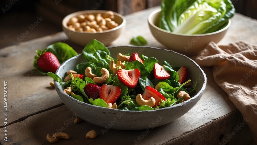 Salad with lettuce, apples, strawberries, and cashew nuts