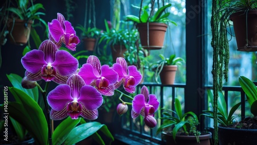 Dendrobium anosmum is an epiphytic orchid species featuring large purple blooms photo