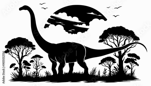 A black and white silhouette of a diplodocus dinosaur against a background of trees and the moon. White isolated background. Vector graphics. EPS.