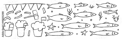 Santos populares festival monochrome elements. Manjerico, hammer and garland with sardines hand drawn set. Fishes line doodle set. Vector illustration isolated on white background.