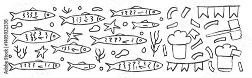 Fishes line doodle set. Sardines hand drawn scribble School of fish in the sea. Vector monochrome nautical illustration by pencil isolated on white background. Crayon or chalk naive underwater life.