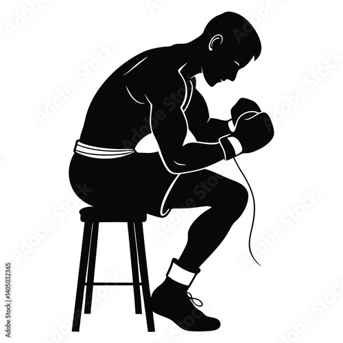 realistic silhouette of a boxer tying gloves, sitting on a stool vector illustration