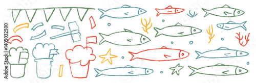 Fishes crayon line doodle set. Santos Populares festival. Hand drawn sardines, hammer, confetti . Fish with garlands, manjerico, party elements. Vector naive colorful summer holiday illustration.