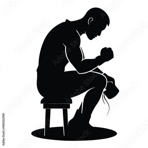 realistic silhouette of a boxer tying gloves, sitting on a stool vector illustration