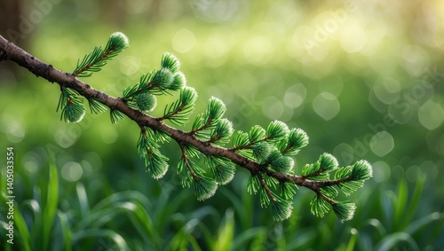 Magnified view of the green needle from a young fir tree.