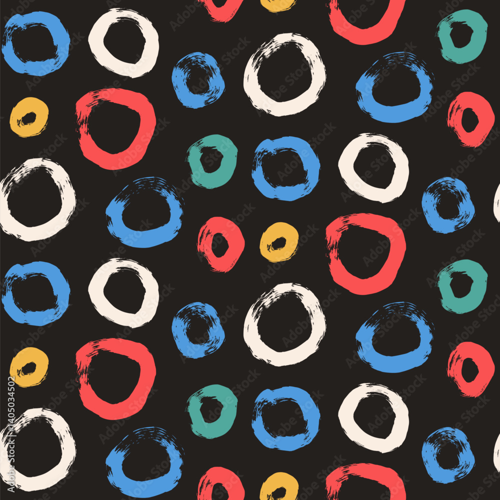 Circle brush stroke seamless pattern. Polka dots endless background. Paint tribal decor repeat cover. Abstract continuous ornament. Surface pattern design round enso motif. Vector hand drawn bg.