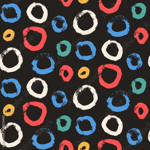 Circle brush stroke seamless pattern. Polka dots endless background. Paint tribal decor repeat cover. Abstract continuous ornament. Surface pattern design round enso motif. Vector hand drawn bg.
