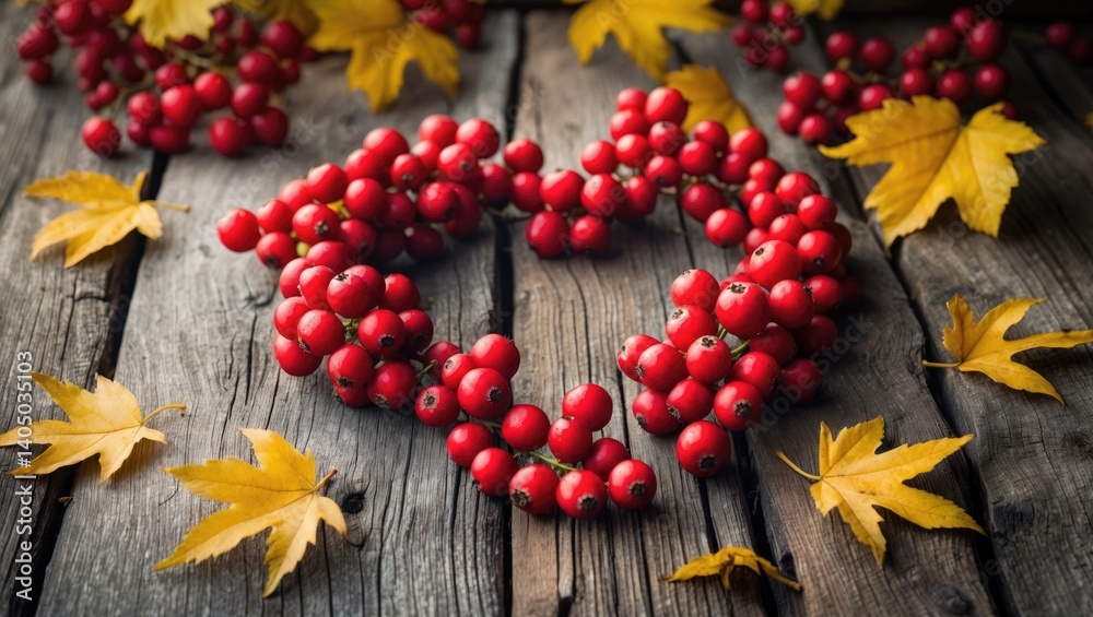 Fall backdrop with autumn leaves and berries shaped like a heart on a wooden surface Fall backdrop with autumn leaves and berries shaped like a heart on a wooden surface