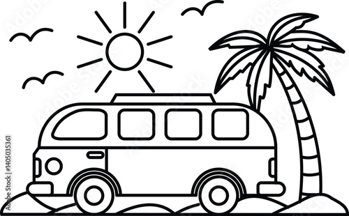 Beach-themed coloring page featuring a vintage van parked on sandy shores