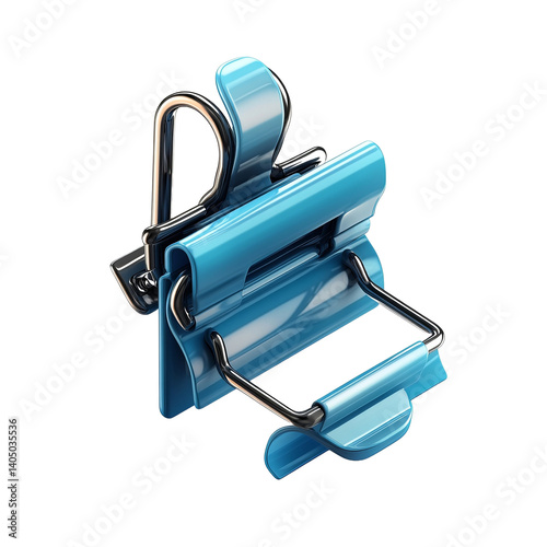 A sleek blue binder clip standing out against a clean white background, adding a pop of color to any office setting.