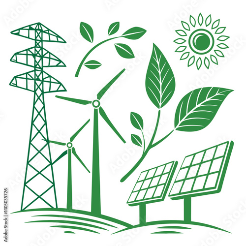 Renewable Energy Concept with Green Power Elements in Vector Style