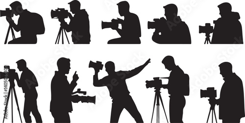 A collection of dynamic silhouettes of photographers, capturing various poses and actions while operating cameras mounted on tripods.