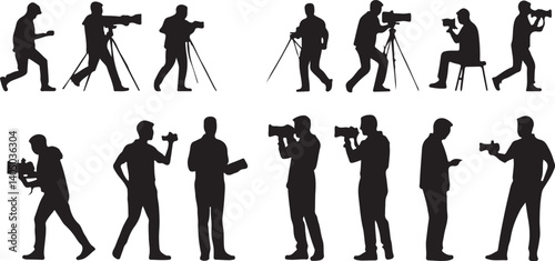 A collection of dynamic silhouettes of photographers, capturing various poses and actions while operating cameras mounted on tripods.