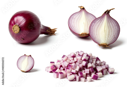 Red onion in various stages of preparation: whole with roots, sliced in halfs