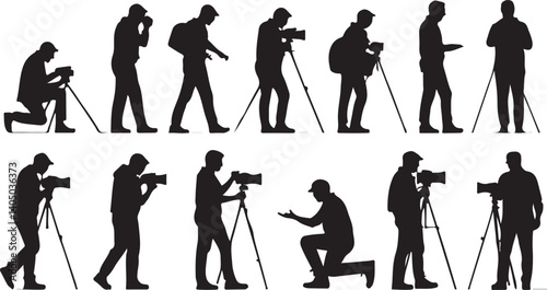 A collection of dynamic silhouettes of photographers, capturing various poses and actions while operating cameras mounted on tripods.