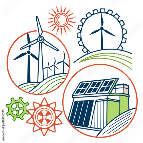 Renewable Energy Vector Illustration Featuring Wind, Solar, and Hydro Power