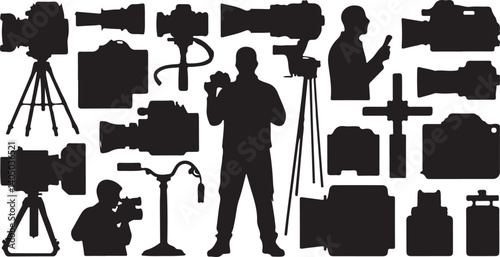 A collection of dynamic silhouettes of photographers, capturing various poses and actions while operating cameras mounted on tripods.