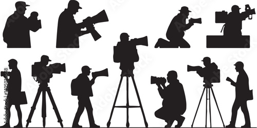 A collection of dynamic silhouettes of photographers, capturing various poses and actions while operating cameras mounted on tripods.