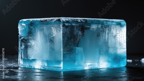 Clear textured ice block in frosty tones, isolated on a dark background.