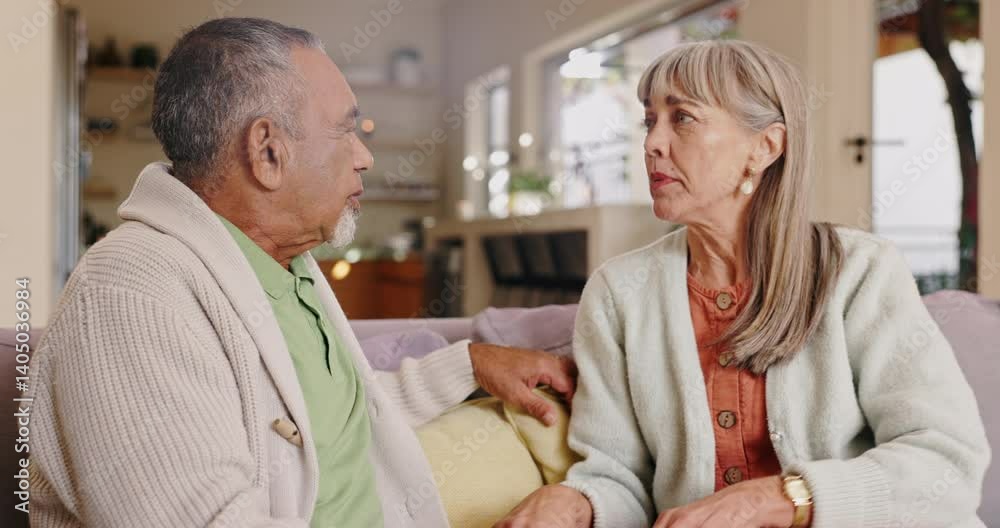Shout, frustrated and senior people angry from argument, fight or disagreement on sofa in living room, house or retirement home. Elderly female person, mature man or couple with difference of opinion Shout, frustrated and senior people angry from argument, fight or disagreement on sofa in living room, house or retirement home. Elderly female person, mature man or couple with difference of opinion