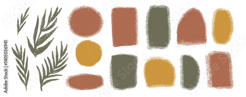 Linocut rough geometric shapes and plant silhouette set. Circle, ellipse, rectangle text boxes. Abstract japandi decor. Vector geometry shapes. Hand drawn collection illustration on white background.