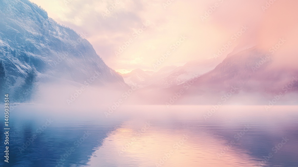 Fototapeta premium Misty Mountain Lake at Dawn: A Serene Landscape