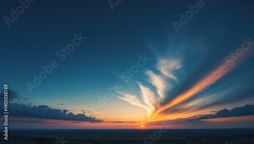 Fototapeta Naklejka Na Ścianę i Meble -  Beautiful dark blue sunset sky adorned with awesome clouds. 360-degree panoramic angle for use in graphics or game development as sky dome.