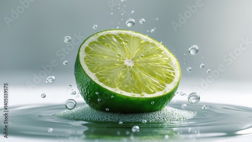 Lime with bubbles in water set against a plain background