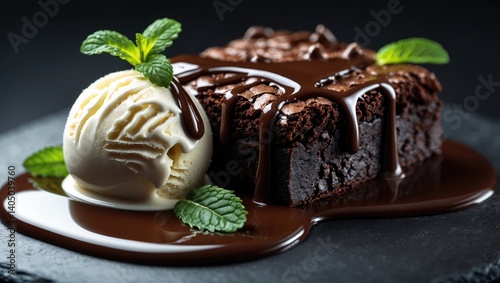 Macro view of a tempting chocolate brownie served with dressing and ice cream against a backdrop.