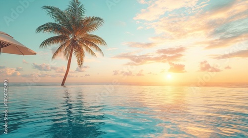 Beautiful luxury umbrella and pool in hotel and resort with coconut palm at sunset or sunrise