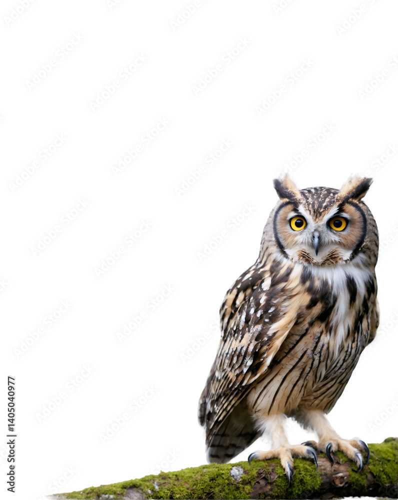 Long eared owl perched on a branch covered with moss, isolated on transparent background, perfect for photo editing and compositing