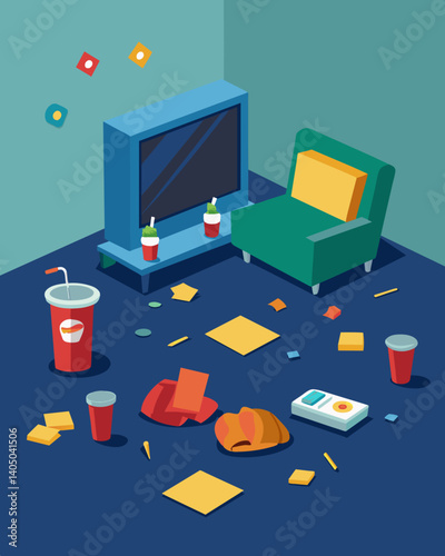 The TV room littered with discarded fast food containers and singleuse plastic wrappers.. Vector illustration