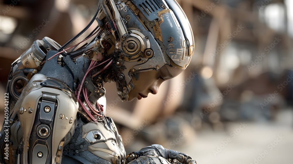 Fototapeta premium Futuristic cyborg warrior in gritty, industrial combat attire