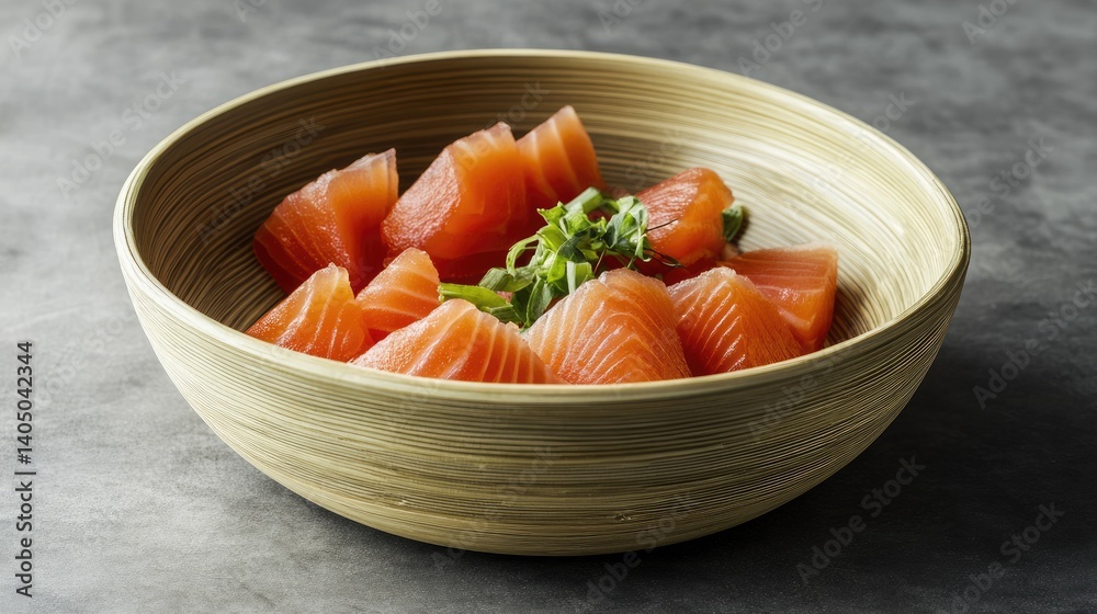 Bamboo bowl with layered dried fish and watermelon pieces Bamboo bowl with layered dried fish and watermelon pieces