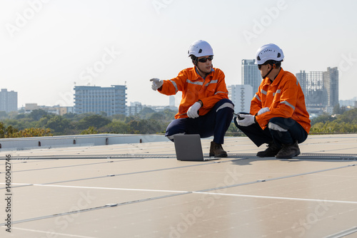 Wallpaper Mural Engineers installing and inspecting solar panels on rooftop Torontodigital.ca