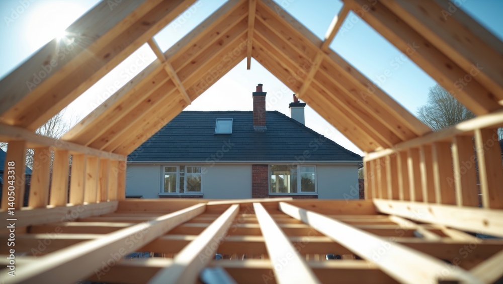 Building a roof with timber beams. Interior Building a roof with timber beams. Interior